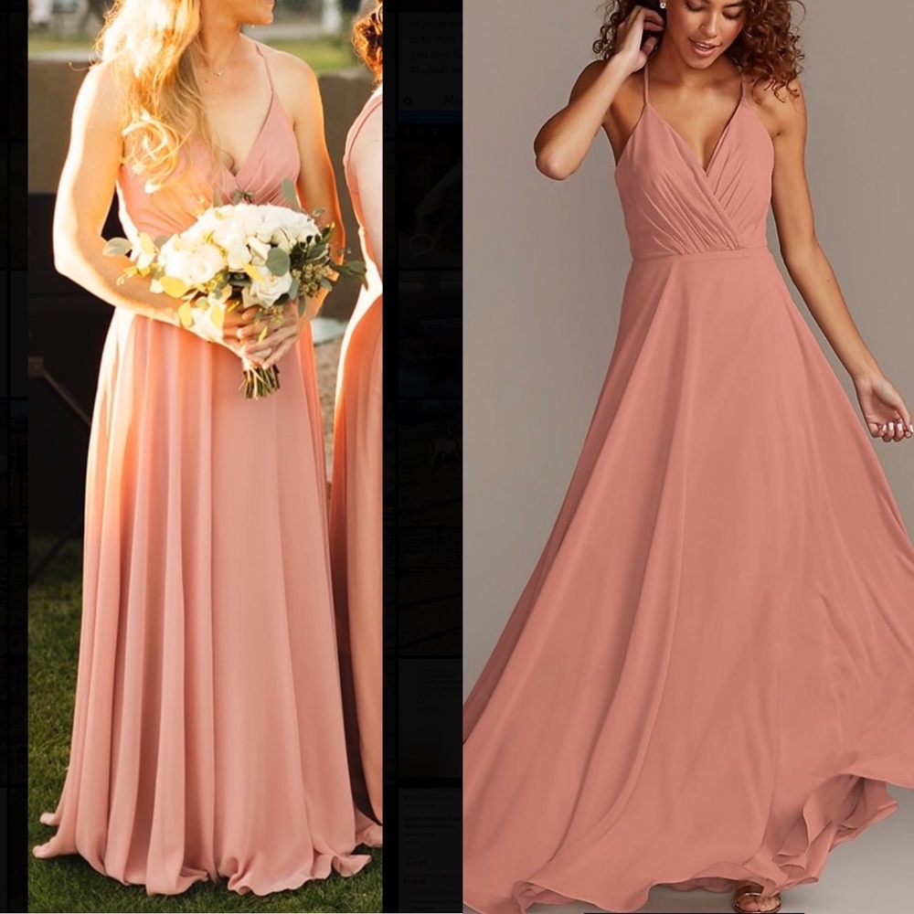David’s Bridal Bridesmaid Dress F20064 Full Length Spaghetti Strap Desert Coral